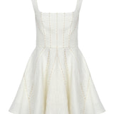 Ivory Kısa Elbise %100 Keten Punto Dikiş Detaylı