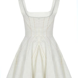 Ivory Kısa Elbise %100 Keten Punto Dikiş Detaylı