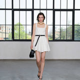 Ivory Kısa Elbise %100 Keten Punto Dikiş Detaylı