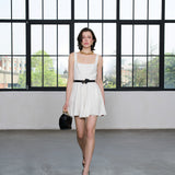 Ivory Kısa Elbise %100 Keten Punto Dikiş Detaylı